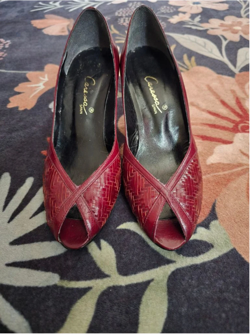 Vintage Caressa Deep Red Woven Peep Toe Heels Size 8 Made in Spain OfficeSiren